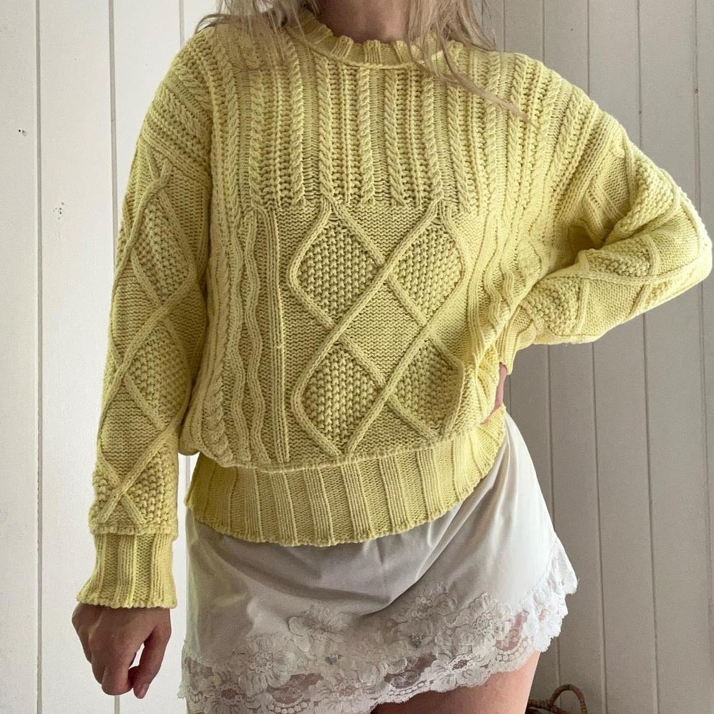 27 Miles Malibu Oversized Daffodil Yellow 100% Cotton Cable Knit Sweater Size XS